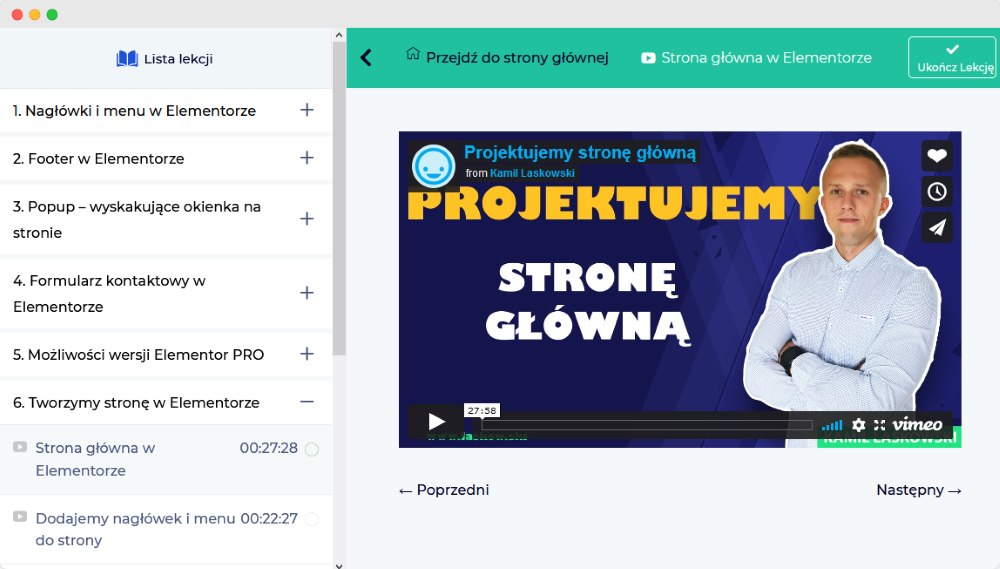 kurs Elementor - wygląd lekcji online