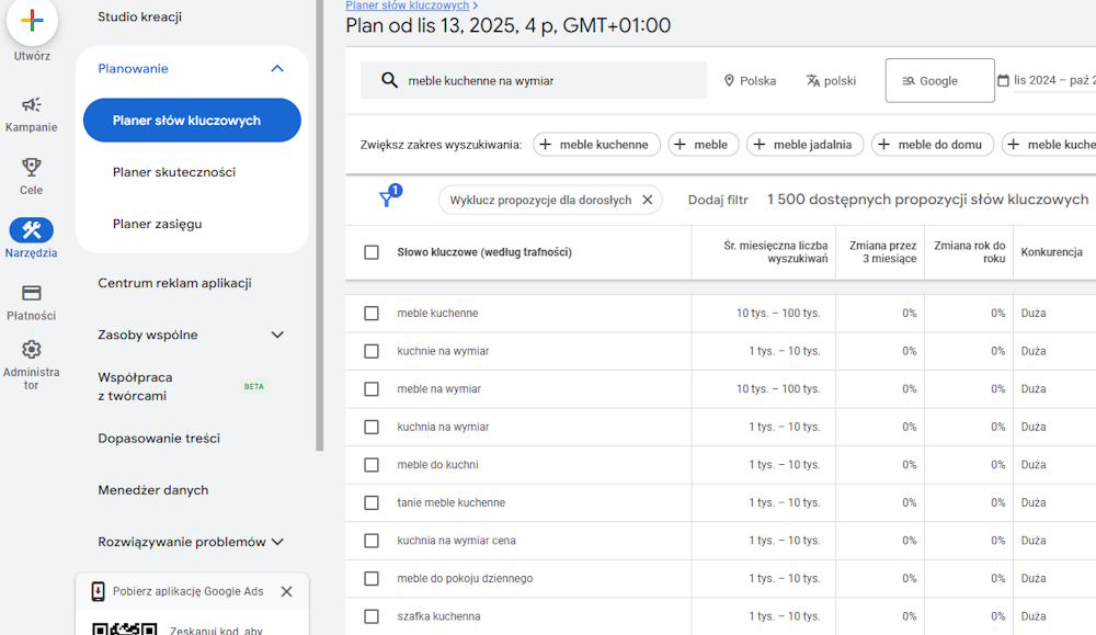 szukanie słów kluczowych w narzędziu Planer słów kluczowych od Google Ads