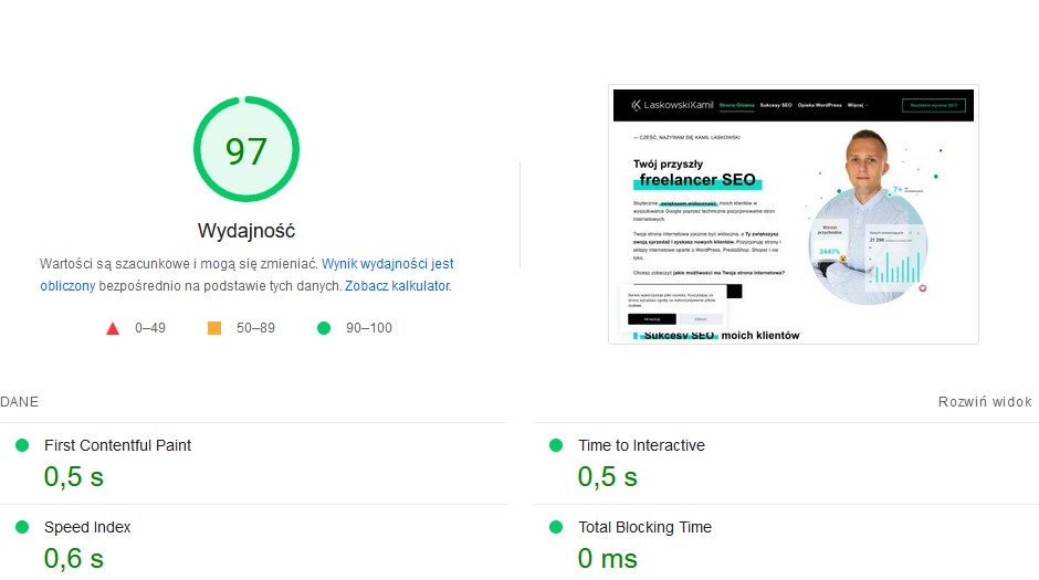 wynik szybkości strony internetowej na WordPress w narzędziu Page Speed