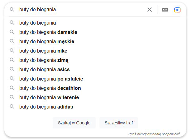 podpowiedzi słów kluczowych w wyszukiwarce Google