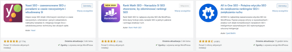 przegląd trzech najczęściej wybieranych wtyczek: Yoast SEO, Rank Math i All in One SEO. 