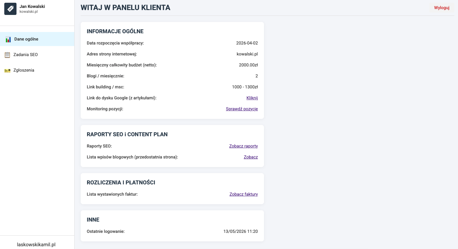 Widok danych ogólnych w panelu klienta