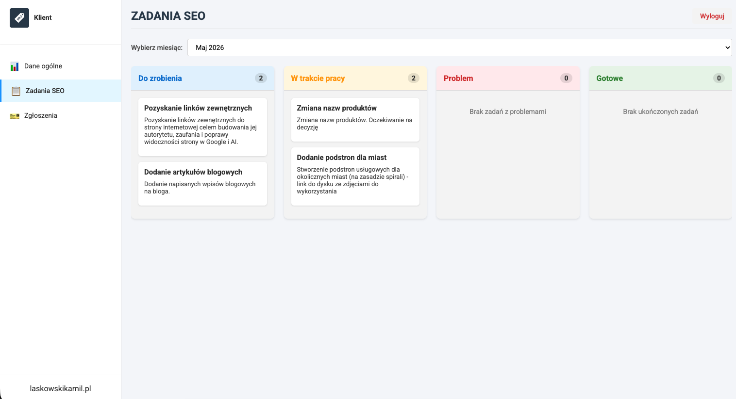 Panel klienta SEO - zadania SEO