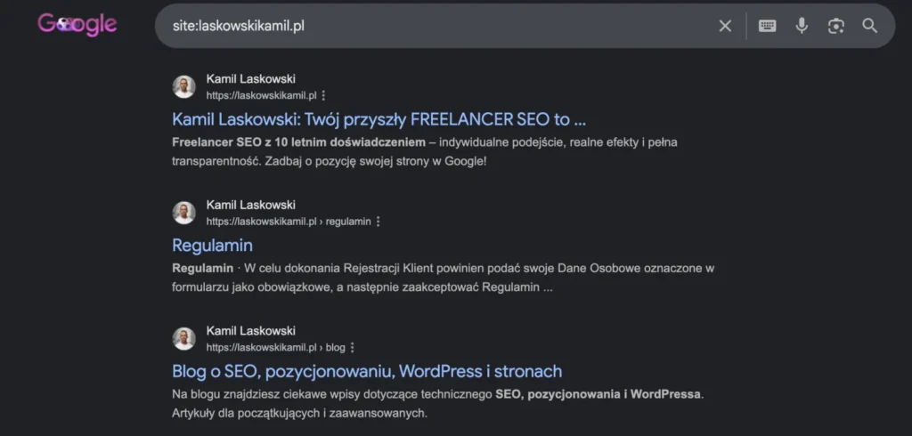 lista wyników w wyszukiwarce google po wpisaniu komendy site: